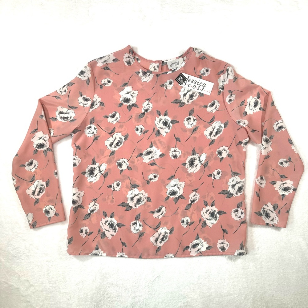 Jessica Scott Vintage Long Sleeve Sheer Blouse Womens‎ Size Medium M Pink Floral